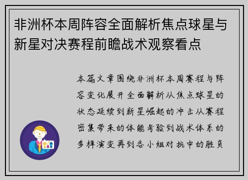 非洲杯本周阵容全面解析焦点球星与新星对决赛程前瞻战术观察看点